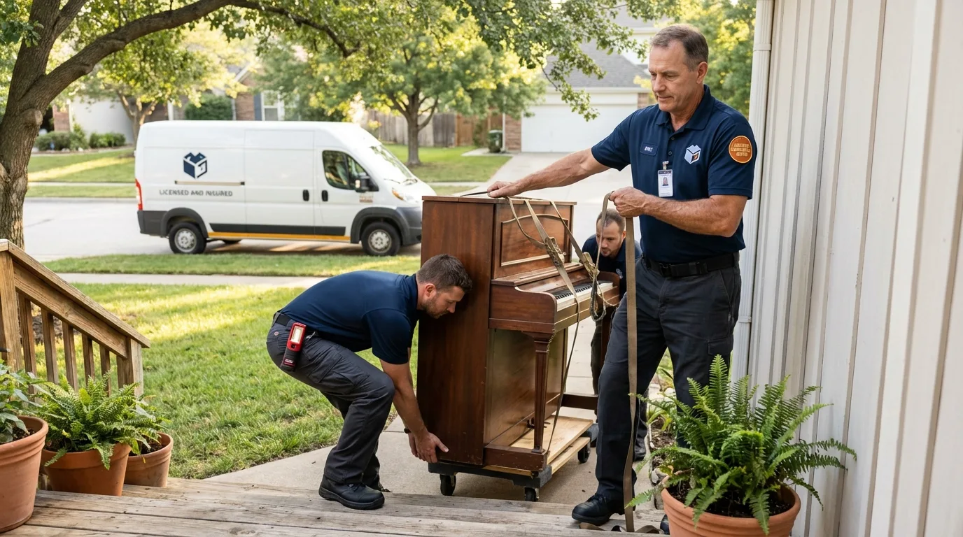 Licensed piano movers securing grand piano in Tornillo, TX