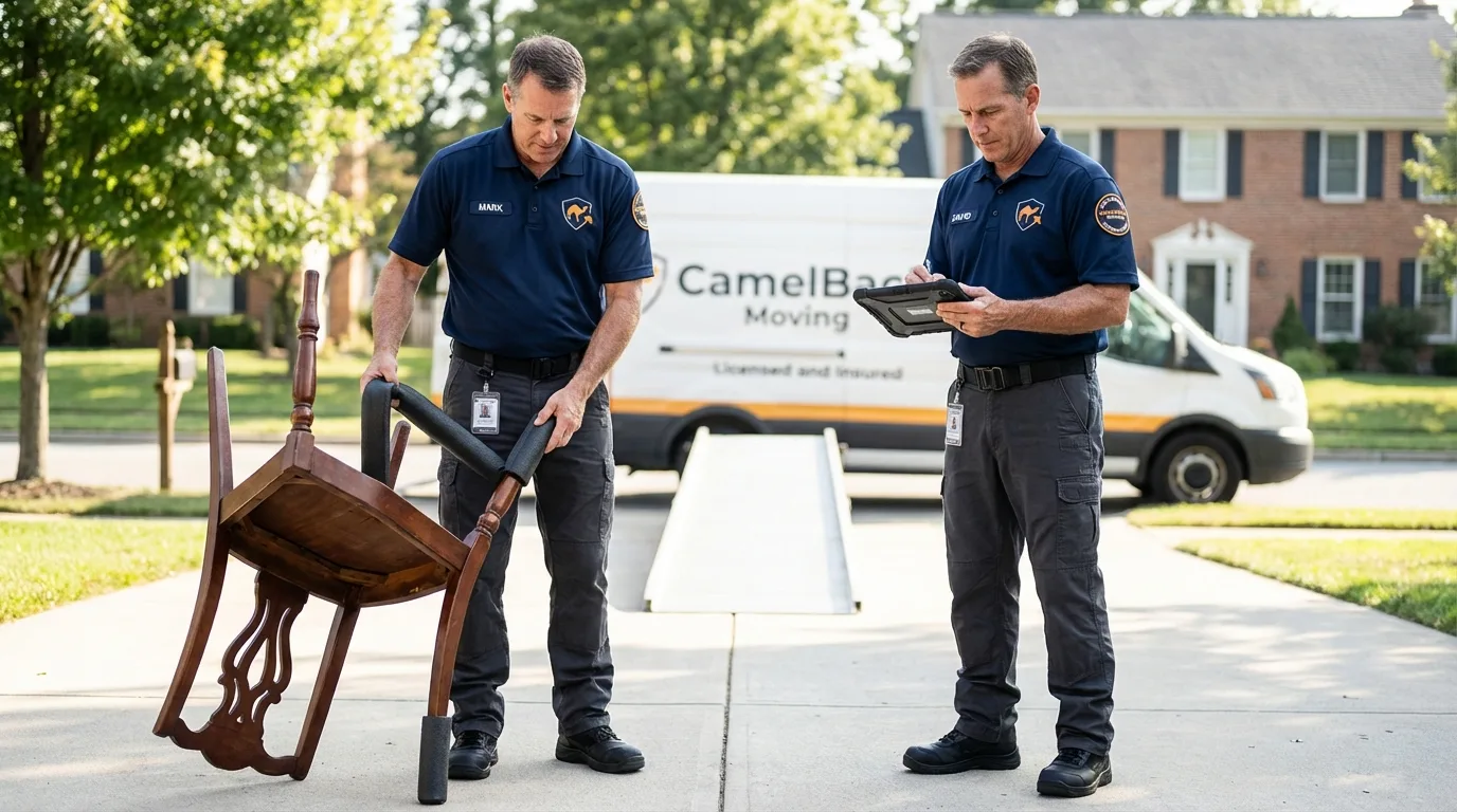 Movers inspecting furniture for damage prevention before loading in Tornillo, TX