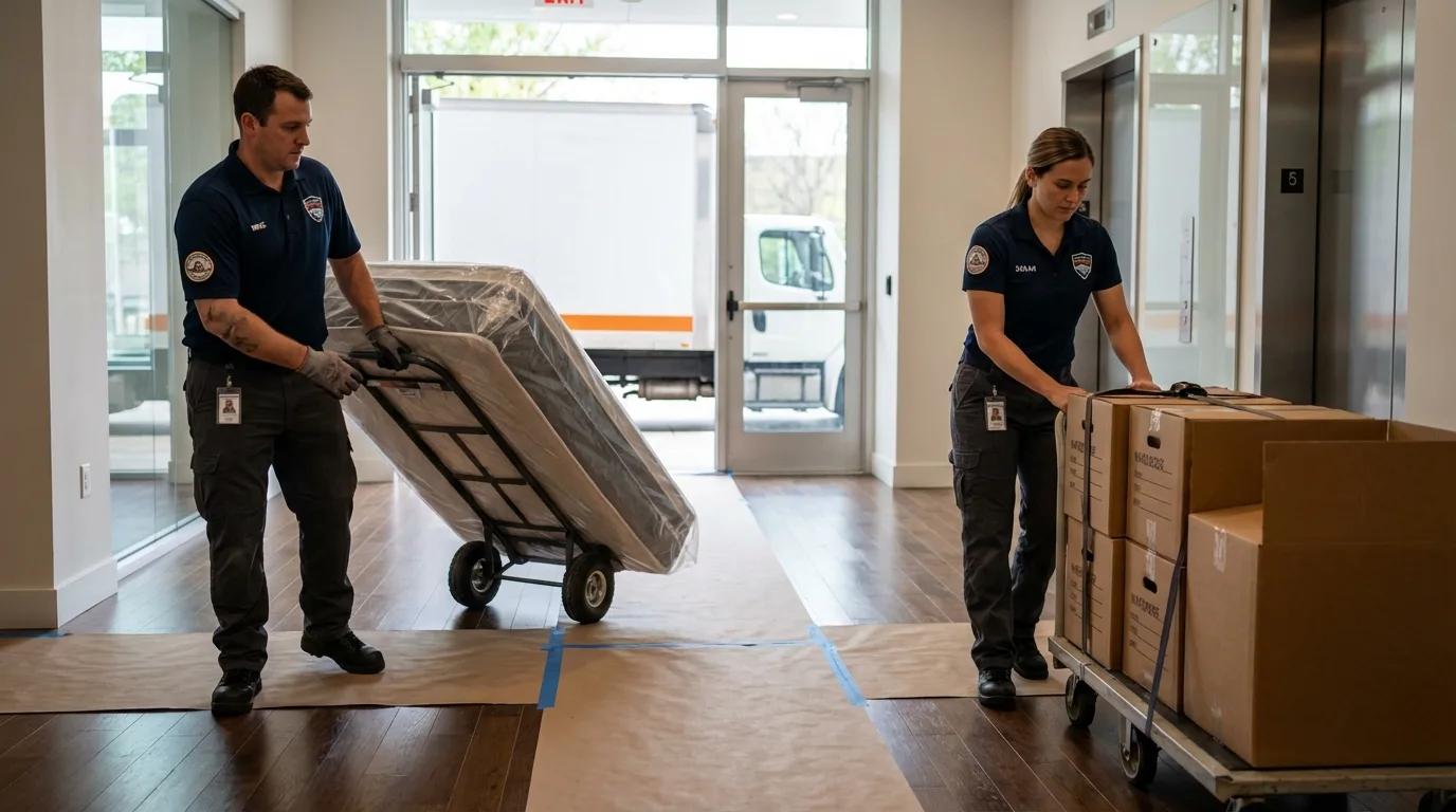 Professional apartment movers loading elevator in Tornillo, TX