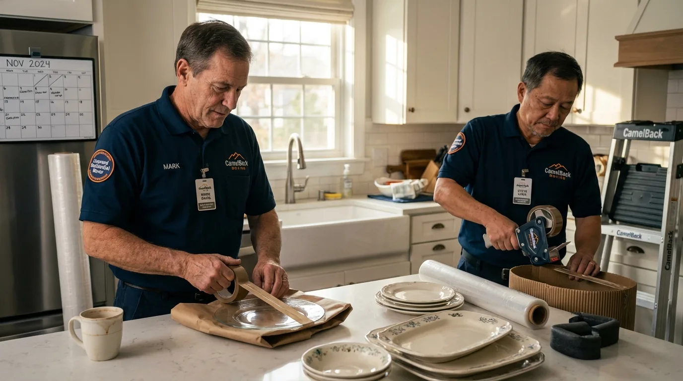 Professional crew packing kitchen dishware in Tornillo, TX